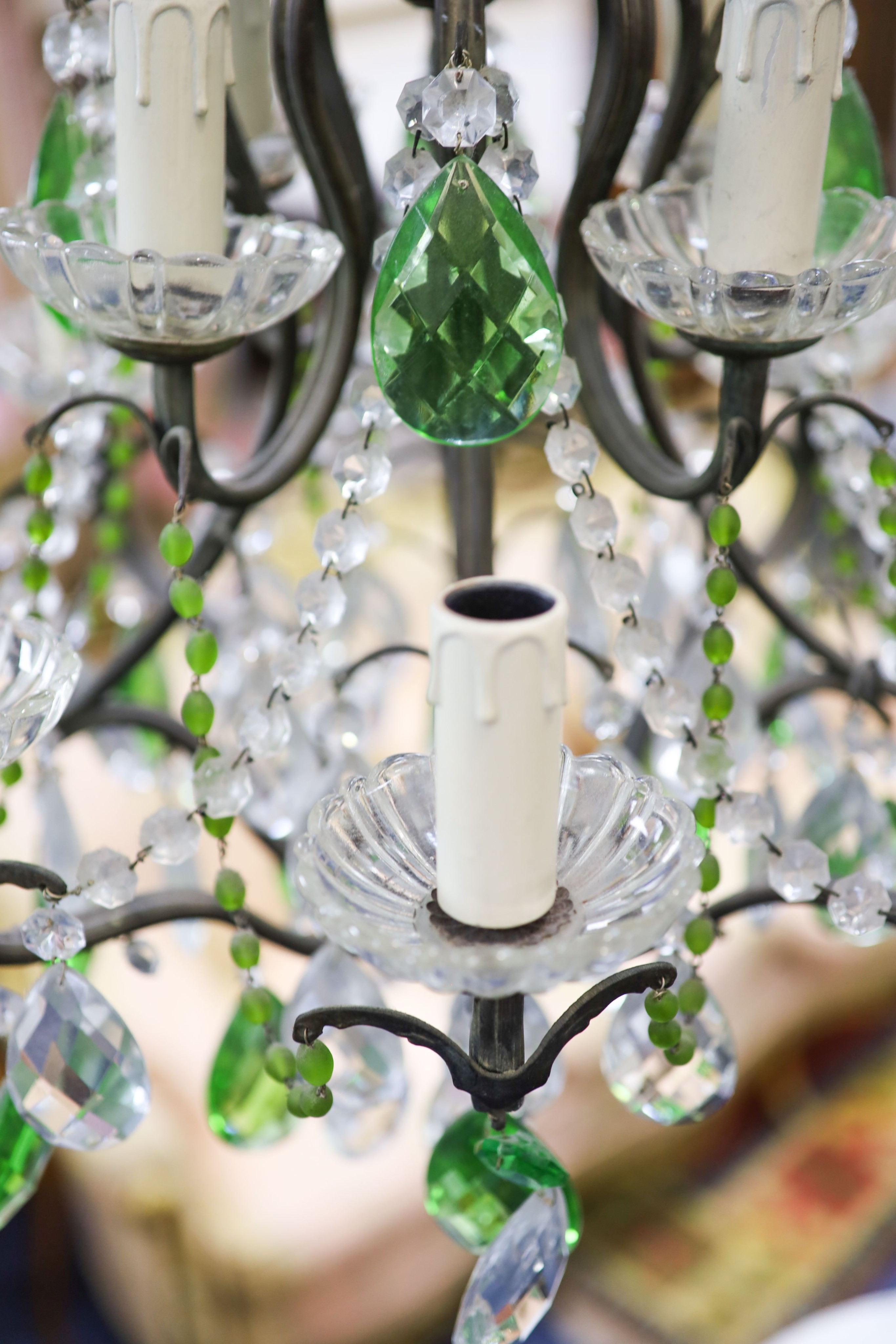 A Bohemian green and clear glass electrolier, 74cm high